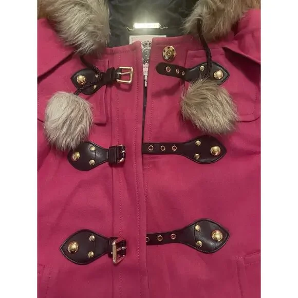 Juicy Couture Vintage Y2K Pink Wool Blend Pom Pom Faux Fur Coat Jacket M